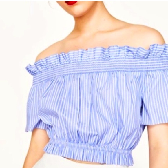 Zara Basic Striped Ruched Off Shoulder crop top Blue Size S - Picture 1 of 9